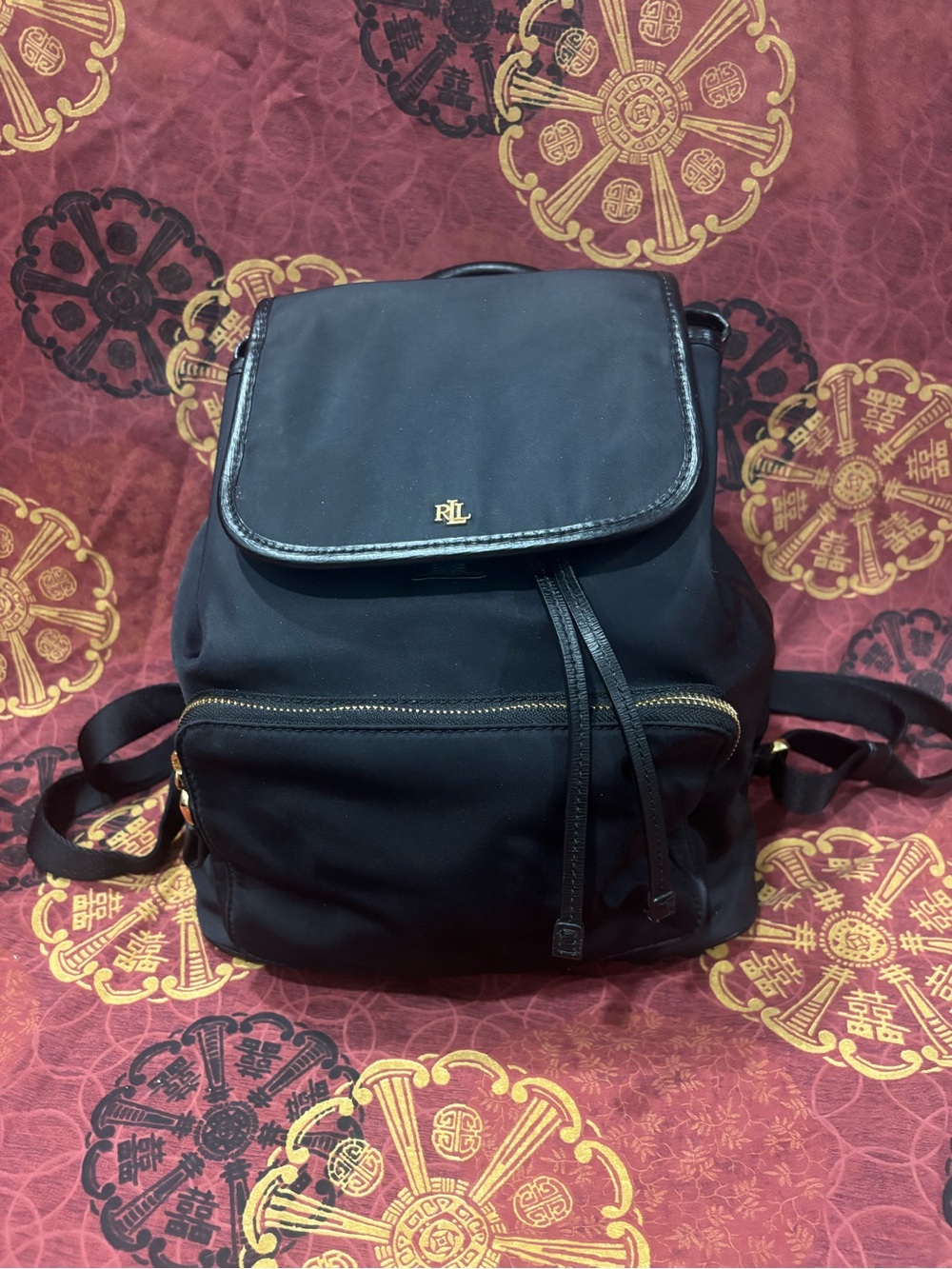 Ralph Lauren Black Nylon Backpack with Gold RL Emblem